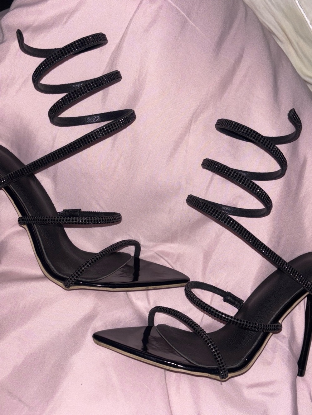 Black Spiral Wrap Stiletto Sandals with Rhinestone Straps
